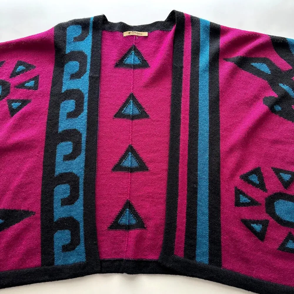 Origin Alpaca Bright‎ South American Graphic Pink Teal Knit Ruana Poncho Wrap OS
